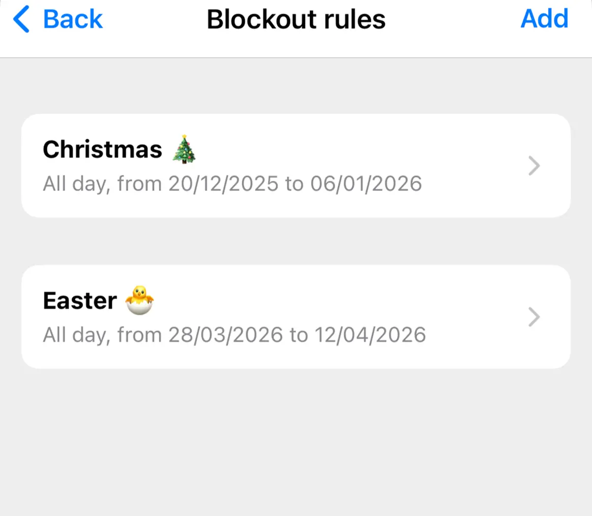 Blackout times and school holidays (light)